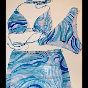 (S)Geometric print lace up side drawstring 3-piece swimsuit